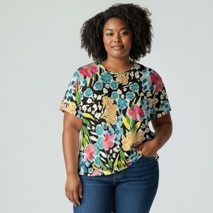 Allison Daley Women's Black Multicolor Floral Short Sleeve Pullover Top Size PXL